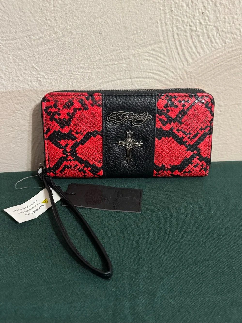 Ed Hardy Red & Black Snake-Print Zip Wristlet Wallet